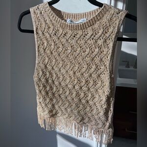 Zara gold knit tank sweater with fringe, size small